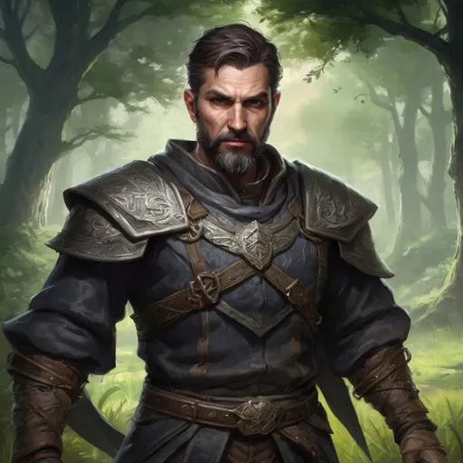 Prompt: (head and torso) Male heavy-set mature fantasy-mage with short-cut hair and beard, holding magic-spell, in a grass field covered in trees at night, in combat, pathfinder, d&d setting, in a realistic high quality digital art style, enhanced shadow quality