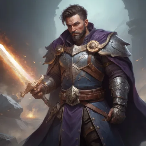 Prompt: Male stocky heavy-set mature magical guardian with short-cut hair and beard, on a battlefield, in combat, holding a magic-sword, pathfinder, d&d setting, in a realistic high quality digital art style, enhanced shadow quality, colorful