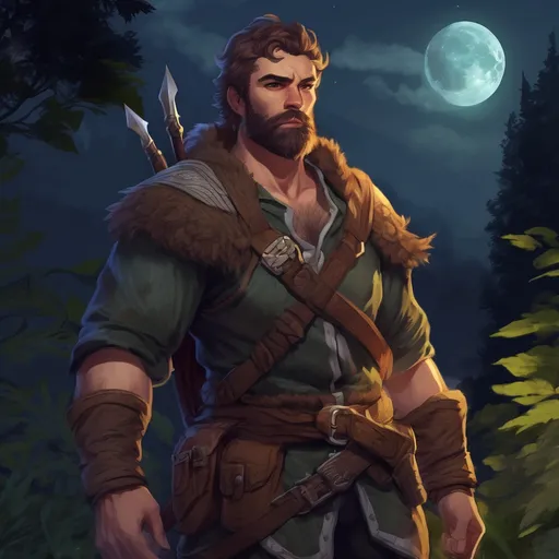 Prompt: (Full body) male big hairy-chested fighter with short hair and beard, in nature at night, pathfinder, d&d setting, in a realistic digital art style