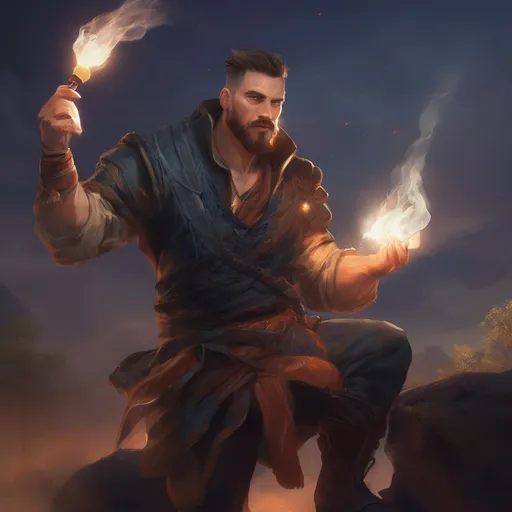 Prompt: (Full body) male muscular summoner with short hair and beard, in nature at night, casting a spell, pathfinder, d&d setting, in a realistic digital art style