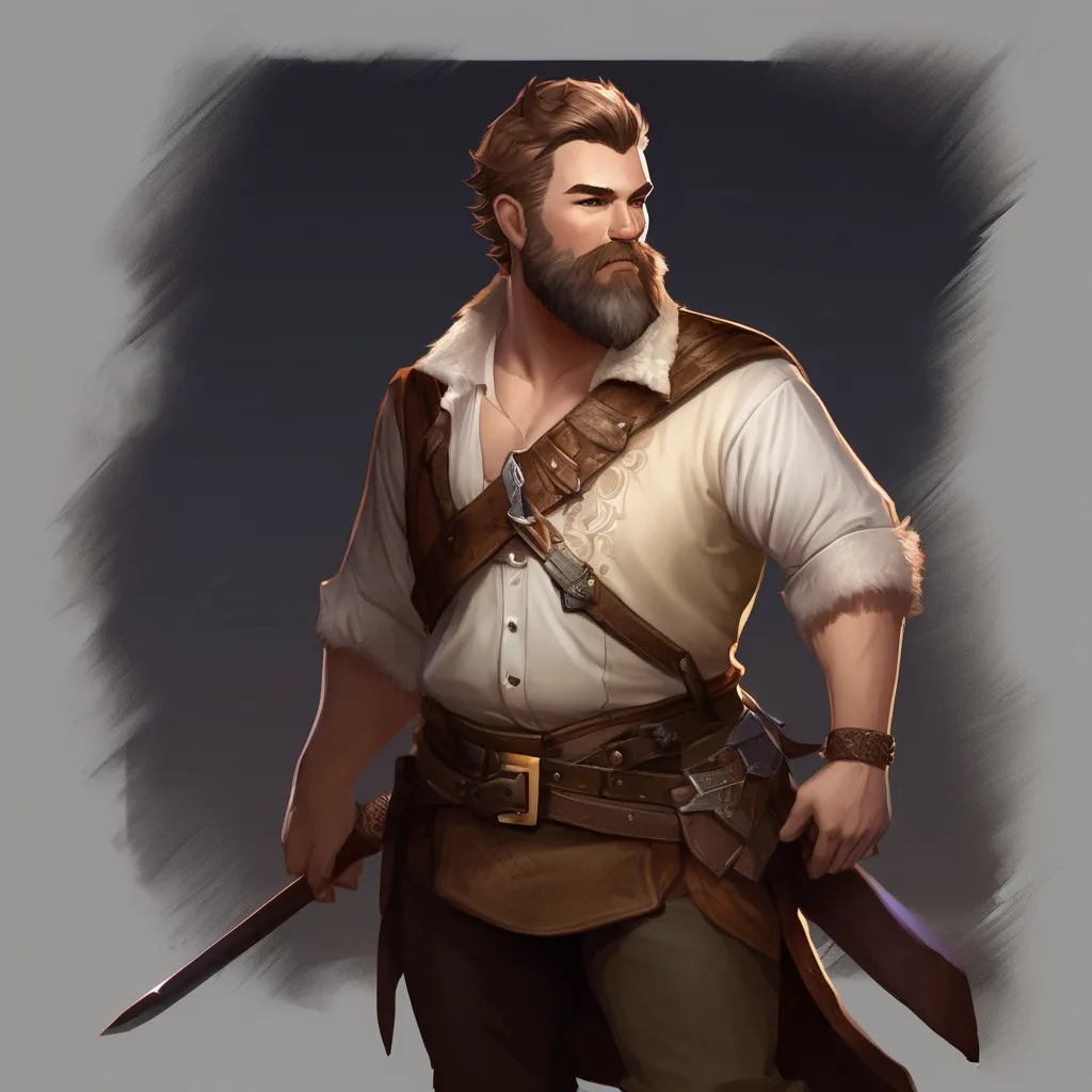 Prompt: (Full body) male stocky bard with short hair and beard, open shirt, hairy-chest, in a dark dungeon, pathfinder, d&d setting, in a realistic digital art style