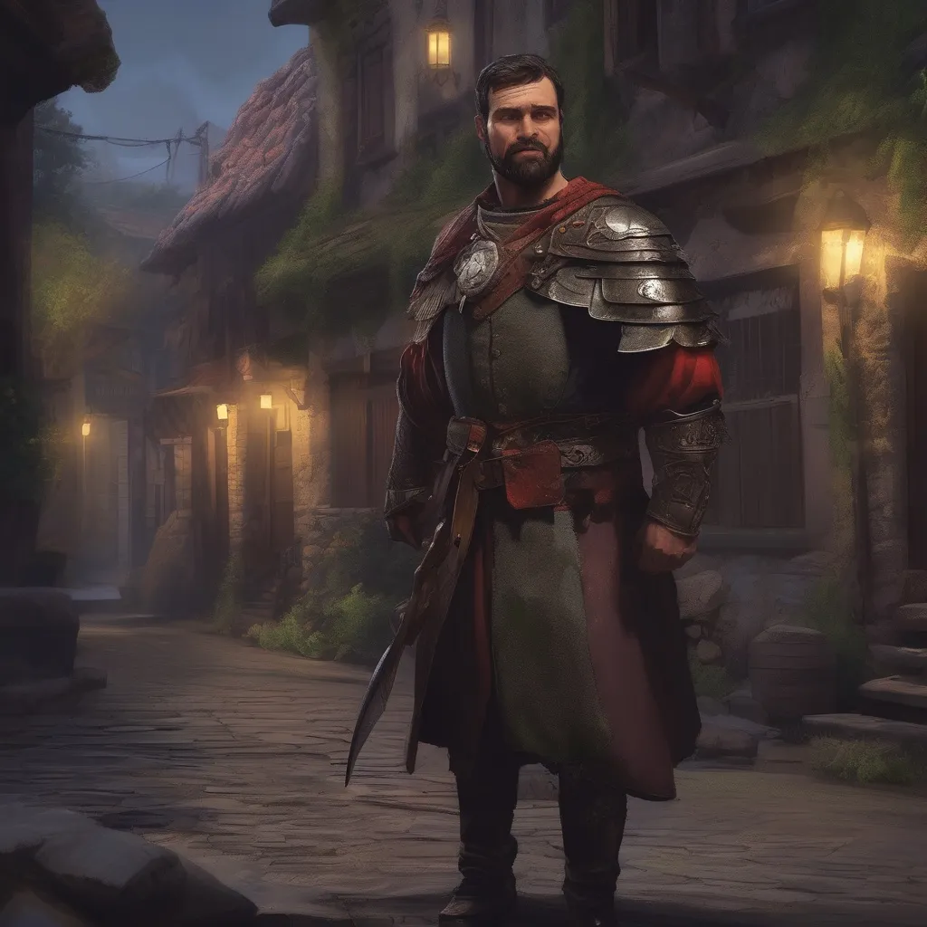 Prompt: (Full body) male manly stocky noble royal guard with dark short-cut hair and beard, in small village at night, pathfinder, d&d setting, in a realistic digital art style