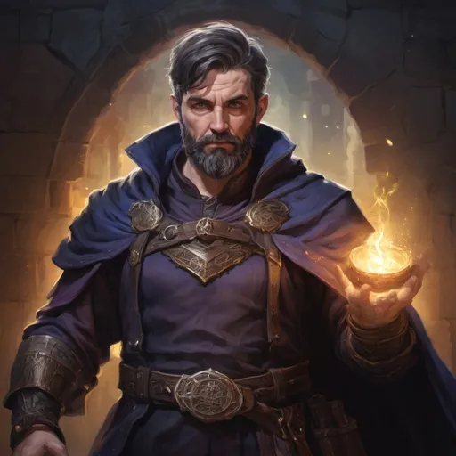 Prompt: Male stocky large mature magus with short-cut hair and beard, exploring a dark magic dungeon, pathfinder, d&d setting, in a realistic high quality digital art style, enhanced shadow quality, colorful