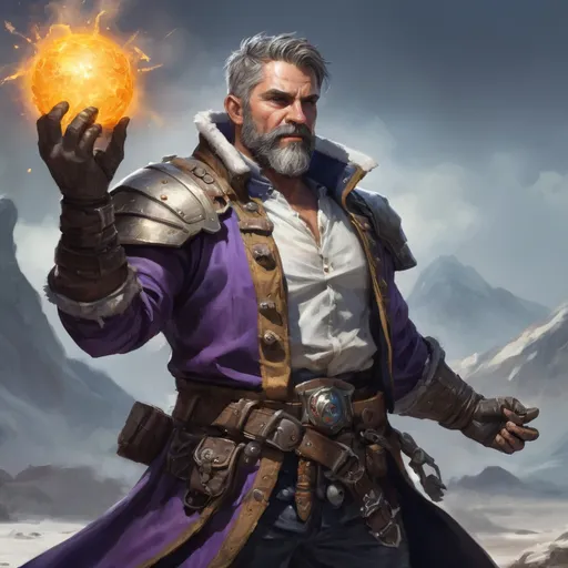Prompt: Male stocky heavy-set mature arcane-alchemist with short-cut hair and beard, on a battlefield, in combat, holding a frostbomb, pathfinder, d&d setting, realistic high quality, enhanced shadow quality, colorful