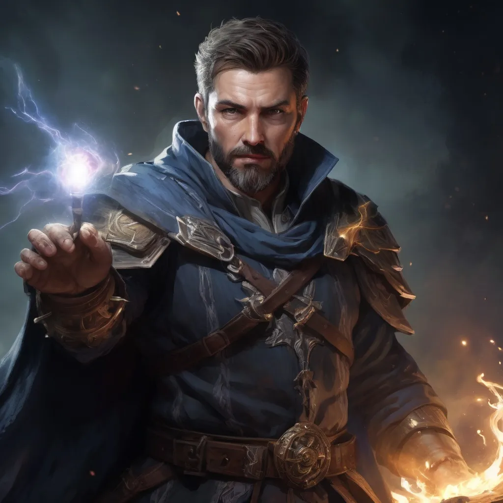 Prompt: Male stocky large mature fit battle-mage with short-cut hair and beard, engaged in combat casting a light-spell in dark nature at night, pathfinder, d&d setting, realistic, enhanced shadow quality