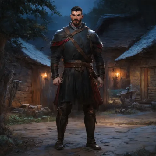 Prompt: (Full body) male manly stocky noble royal guard with dark short-cut hair and beard, in small village at night, pathfinder, d&d setting, in a realistic digital art style