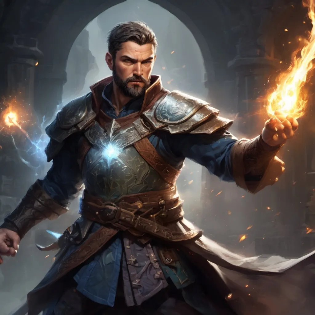 Prompt: Male stocky large battle-mage with short-cut hair and beard, wearing ringmail, engaged in combat casting a light-spell inside of a dark dungeon, pathfinder, d&d setting, in a realistic high quality digital art style, enhanced shadow quality, colorful
