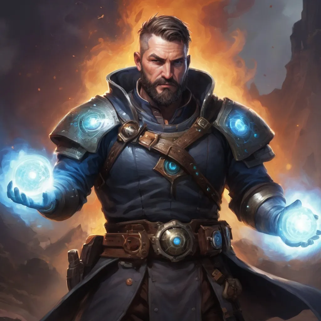 Prompt: Male stocky heavy-set mature arcane-alchemist with short-cut hair and beard, on a battlefield, in combat, holding a astral-bomb, pathfinder, d&d setting, in a realistic high quality digital art style, enhanced shadow quality, colorful