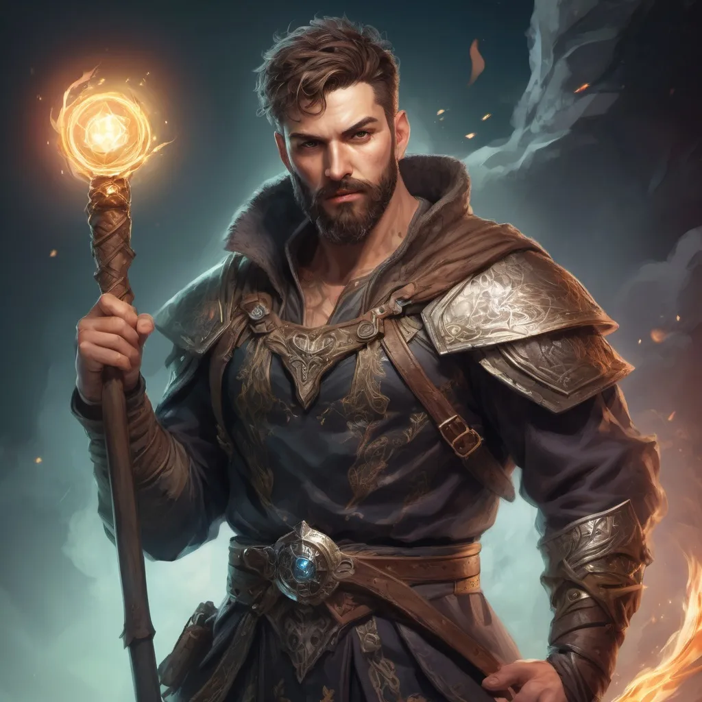 Prompt: (torso) Male stocky masculine magical druid with short-cut hair and beard, on a battlefield, in combat, holding a magic staff, bright aura, pathfinder, d&d setting, in a realistic high quality digital art style, enhanced shadow quality