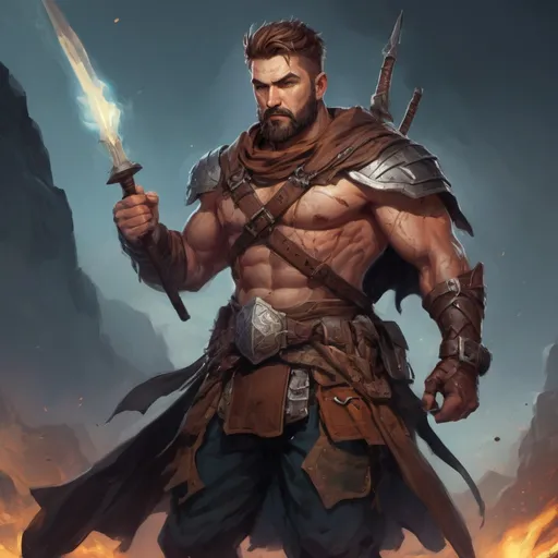Prompt: Male stocky muscular ranger-warrior with short-cut hair and beard, in a battlefield at pitchblack night, pathfinder, d&d setting, in a realistic high quality digital art style, enhanced shadow quality, colorful