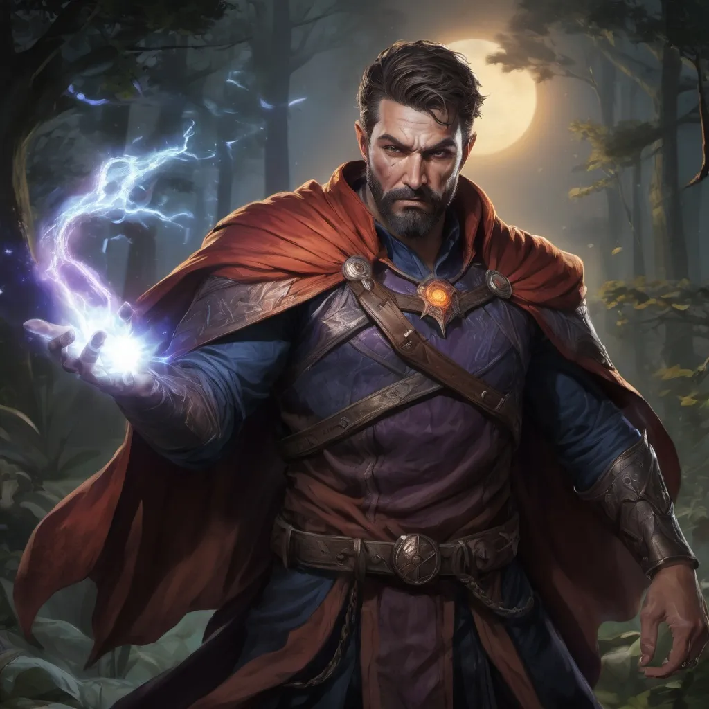 Prompt: Male stocky large mature muscular sorcerer with short-cut hair and beard, in combat casting a magic-ray out of hands in nature at night, pathfinder, d&d setting, in a realistic high quality digital art style, enhanced shadow quality, colorful