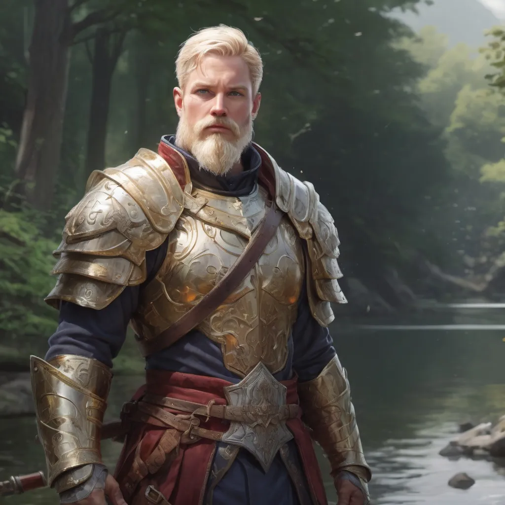 Prompt: (Full body) male stocky masculine royal guard with short blonde hair and beard, hairy chest, in a magical battle field by a lake, pathfinder, d&d setting, in a realistic high quality digital art style