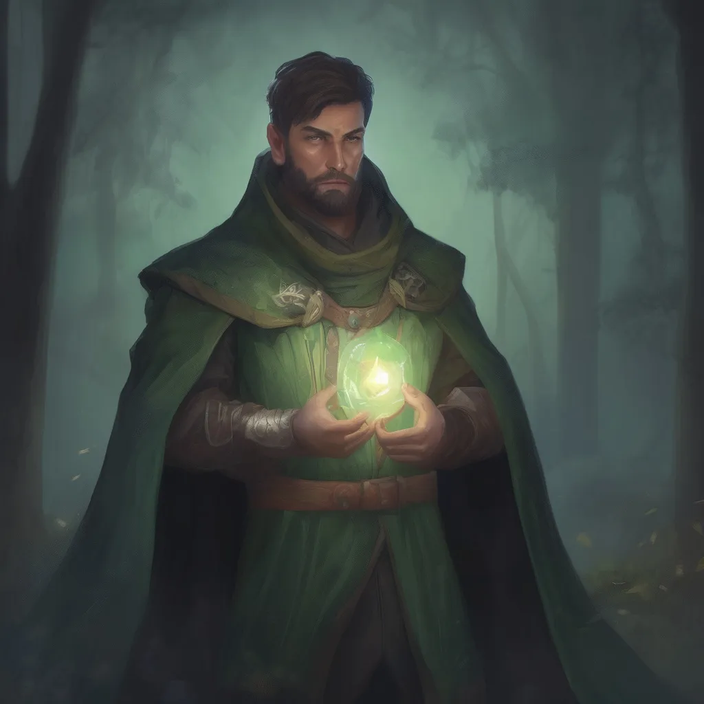 Prompt: (Full body) male stocky young magical Green-mage with short-cut hair and beard, casting a magical spell, in nature in the dark, cloak, pathfinder, d&d setting, in a realistic digital art style