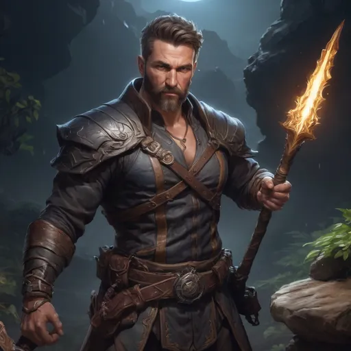 Prompt: male stocky muscular mature summoner with short hair and beard, holding fantasy-weapon, in nature at night, pathfinder, d&d setting, Realistic, Enhanced shadow and light quality