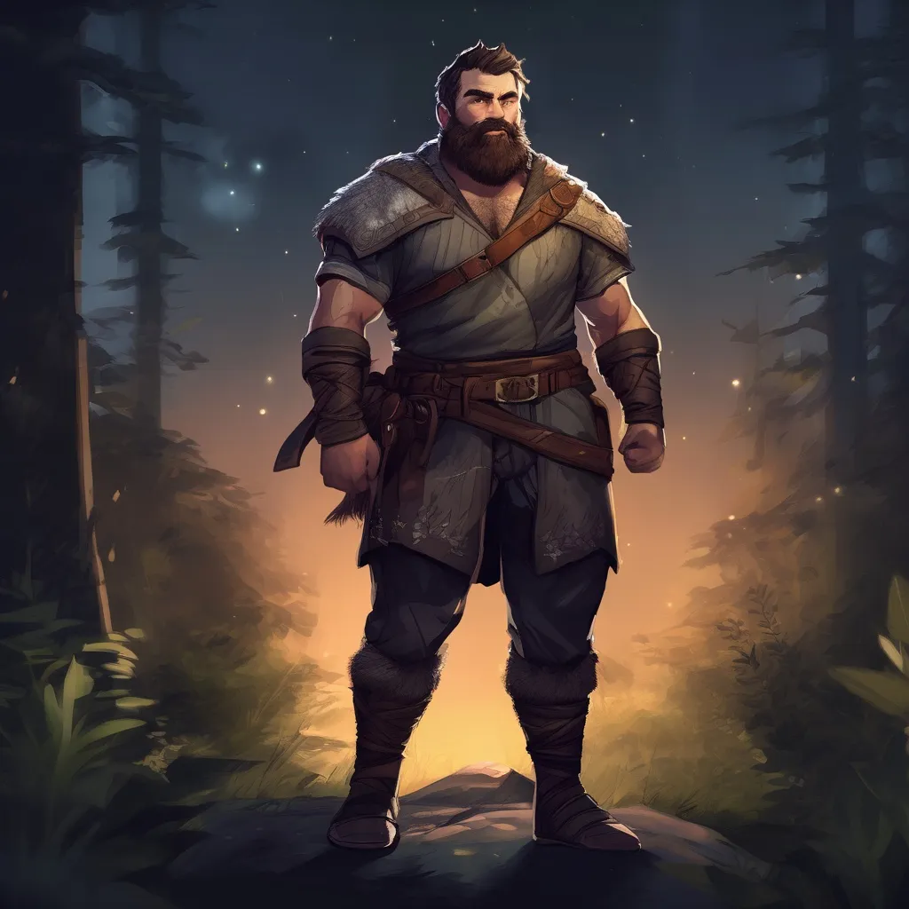 Prompt: (Full body) male big hairy-chested fighter with short hair and beard, in nature at night, pathfinder, d&d setting, in a realistic digital art style