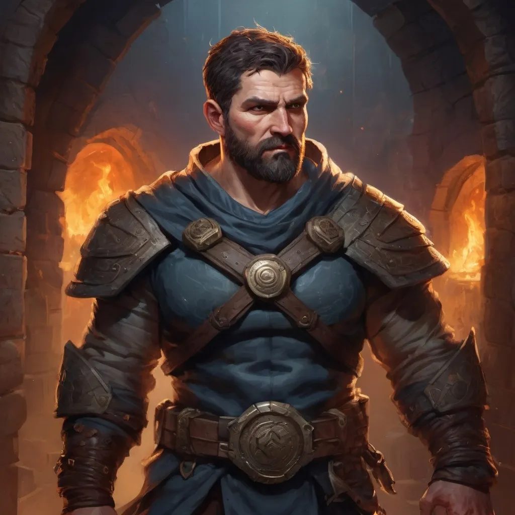 Prompt: Male stocky large mature greek fighter with short-cut hair and beard, exploring a dark astral dungeon, pathfinder, d&d setting, in a realistic high quality digital art style, enhanced shadow quality, colorful