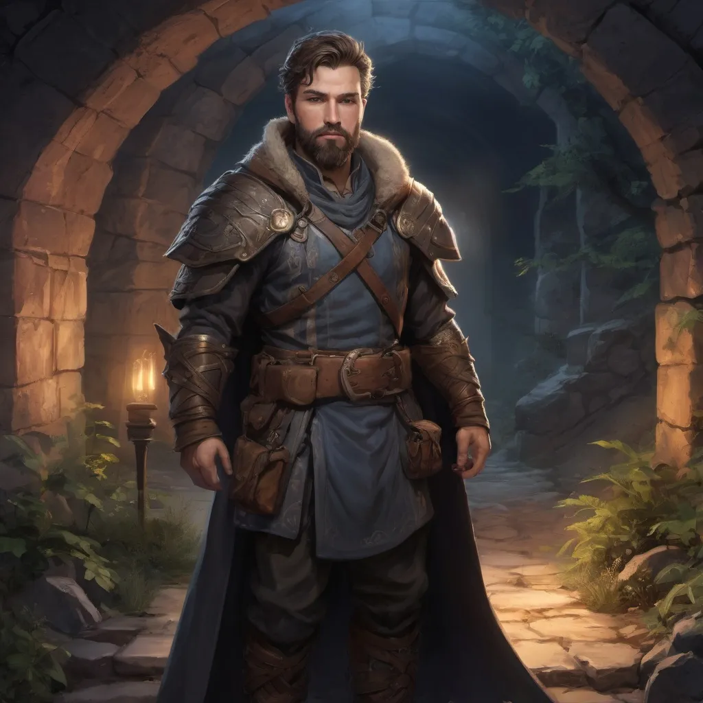 Prompt: (Full body) male stocky heavy-set magical seeker with short hair and beard, outside of a dungeon entrance in nature at night, pathfinder, d&d setting, in a realistic high quality digital art style, enhanced shadow and light