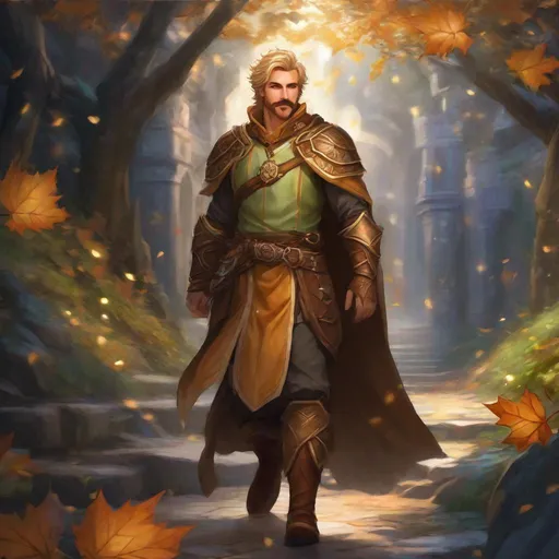 Prompt: (Full body) A hairy broad-chested large handsome male magical druid with short cut blonde hair a mustache and stubble, pathfinger,  light-armor (leaf details), magic swirl, dungeons and dragons, hairy chest, brown boots, fantasy setting, coming out a large towngate late at night, in a painted style realistic art