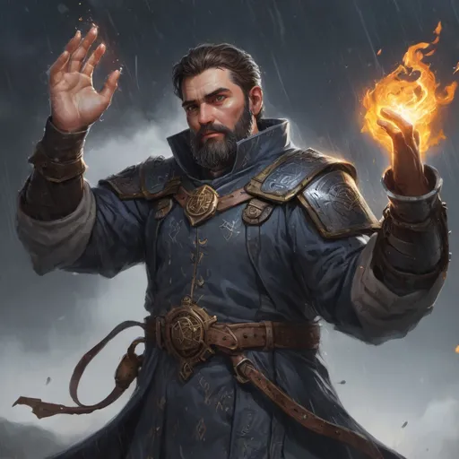 Prompt: Male stocky heavy-set large fit cleric with short-cut hair and beard, casting a healing-spell out of hands, on a battlefield in the rain, pathfinder, d&d setting, in a realistic high quality digital art style, enhanced shadow quality