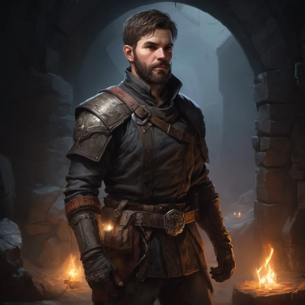 Prompt: Male stocky large dutch fighter with short-cut hair and beard, exploring a dark dungeon, pathfinder, d&d setting, in a realistic high quality digital art style, enhanced shadow quality