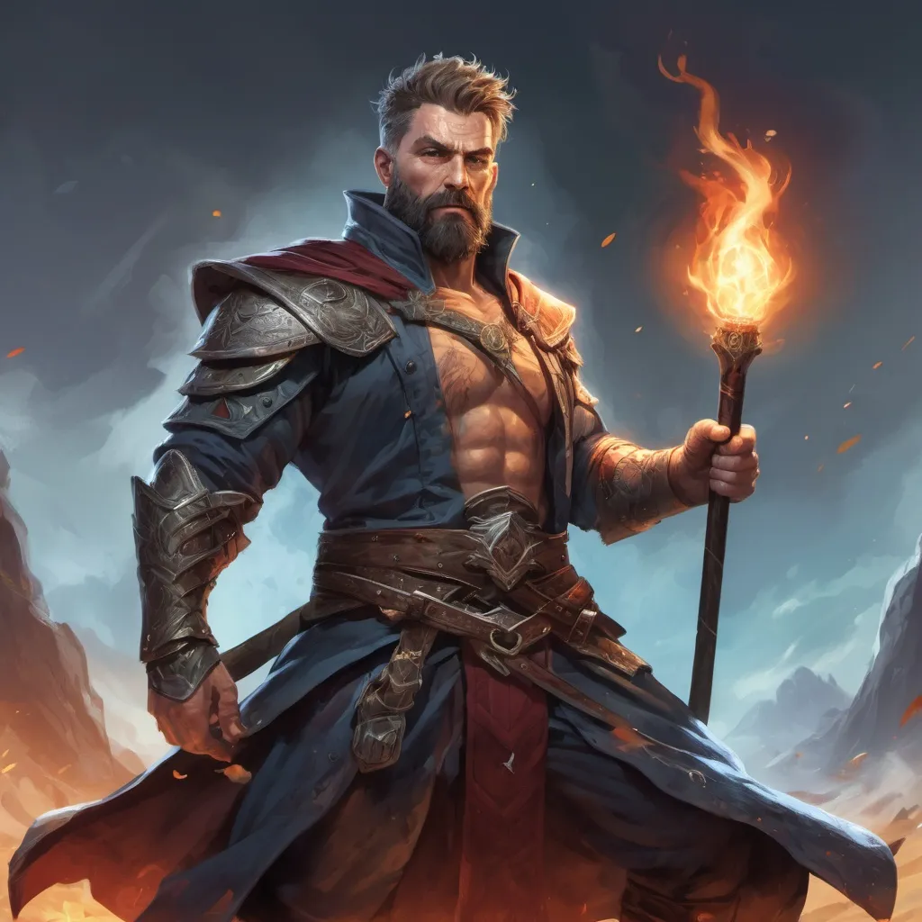 Prompt: Male stocky mature muscular magus with short-cut hair and beard, on a battlefield, in combat, holding a magic staff into the ground causing a earthquake-spell, pathfinder, d&d setting, in a realistic high quality digital art style, enhanced shadow quality, colorful