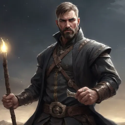 Prompt: (Torso) Male stocky large fit fantasy-sorcerer with short-cut hair and beard, hairy chest, engaged in combat casting a spell standing in a windy field at night, pathfinder, d&d setting, realistic, enhanced shadow quality