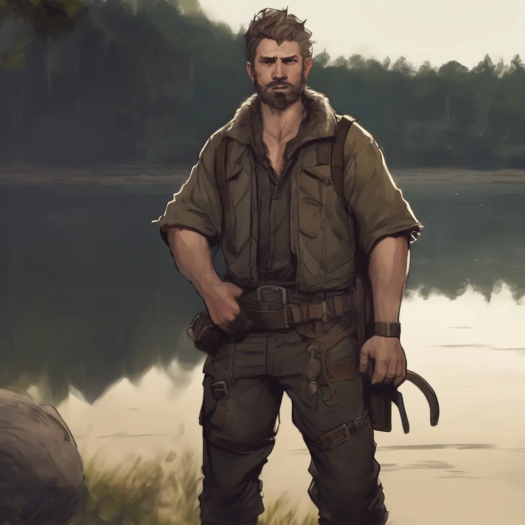 Prompt: (Full body) male stocky husky ranger with short-cut hair and beard, by a lake at night, no shirt on, hairy chest, pathfinder, d&d setting, in a realistic digital art style