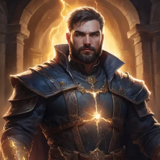 Prompt: (Torso) Male stocky large mature lightning-sorcerer with short-cut hair and beard, in a dark castle, surrounded by bright magic, pathfinder, d&d setting, in a realistic high quality digital art style, enhanced shadow quality, colorful