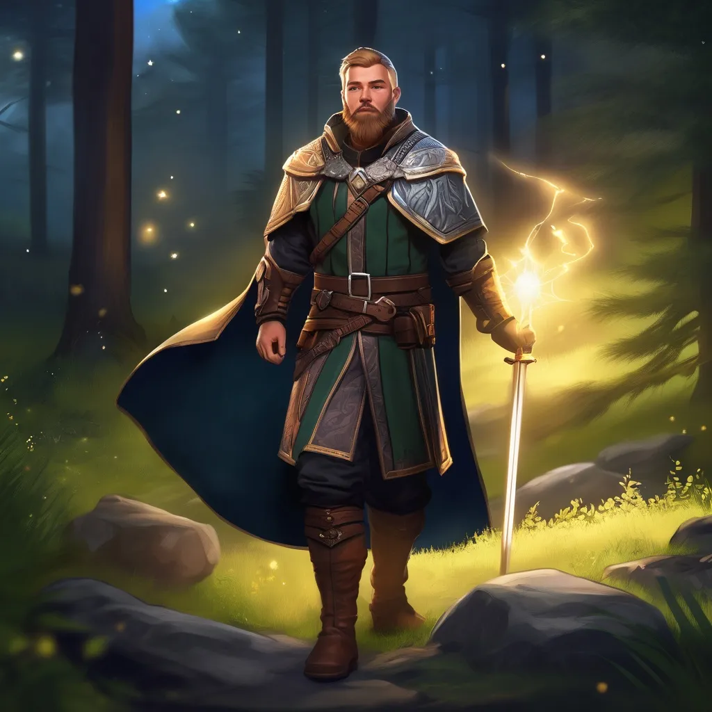 Prompt: (Full body) male magical stocky norwegian cleric with short hair and beard, in nature at night, pathfinder, d&d setting, in a realistic digital art style