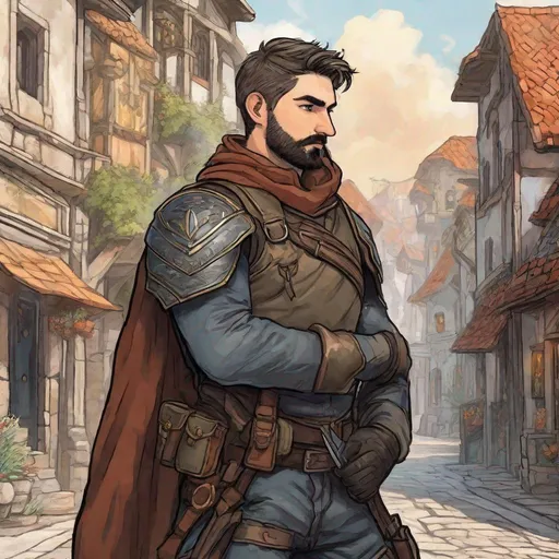 Prompt: A male soldier with short hair and short beard, big nose, hairy chest, fantasy setting, in a town street, in a painted style