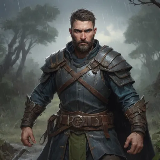 Prompt: Male stocky heavy-set warrior with short-cut hair and beard, in a thicket battlefield in a rainstorm, pathfinder, d&d setting, in a realistic high quality digital art style, enhanced shadow quality, colorful