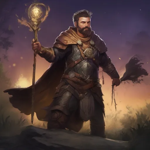 Prompt: (Full body) male stocky druid with short-cut hair and beard, in leather armor, casting a swirly nature-spell, in nature at night pathfinder, d&d setting, in a realistic digital art style