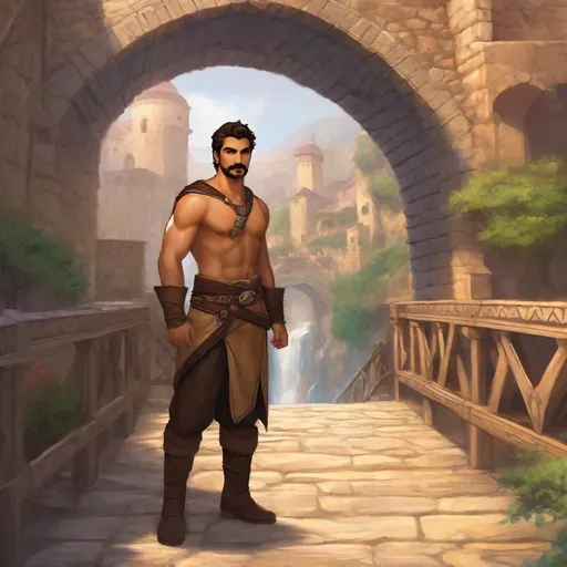 Prompt: (Full body) A broad-chested large arab male rogue with short-cut hair a mustache and stubble, pathfinger,  no shirt, magic swirl, dungeons and dragons, hairy chest, brown boots, fantasy setting, on a small town bridge, in a painted style realistic art