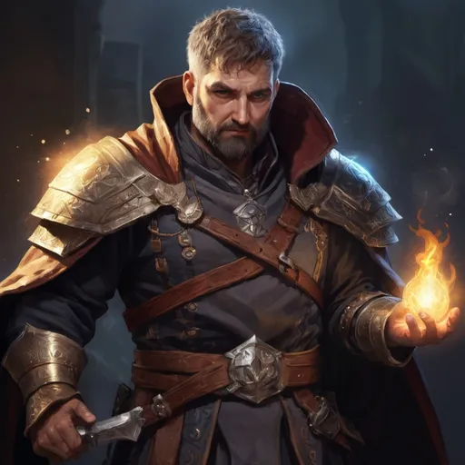 Prompt: (torso) Male stocky large mature summoner with short-cut hair and beard, engaged in combat casting a holy light spell inside of a dark dungeon, pathfinder, d&d setting, in a realistic high quality digital art style, enhanced shadow quality, colorful