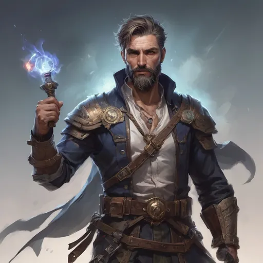 Prompt: (torso) Male heavy-set mature fit magical alchemist with short-cut hair and beard, holding fantasy-weapon, in movement, in a windy battlefield, pathfinder, d&d setting, enhanced shadow quality