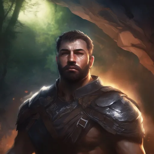 Prompt: (Full body) male handsome large muscular martial fighter with short hair and beard, outside of a cave by a forest at night, pathfinder, d&d setting, in a realistic high quality digital art style