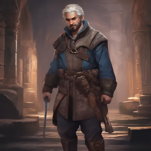 Prompt: (Full body) male stocky young bard with grey short-cut hair and beard, in a dark underground dungeon temple, pathfinder, d&d setting, in a realistic digital art style