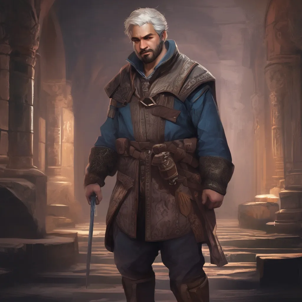 Prompt: (Full body) male stocky young bard with grey short-cut hair and beard, in a dark underground dungeon temple, pathfinder, d&d setting, in a realistic digital art style