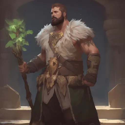 Prompt: (Full body) male stocky druid with short-cut hair and beard, holding magical tree staff, in a dark temple dungeon, no shirt on, leaf-shoulderguards, cloak, heavy belt, pathfinder, d&d setting, in a realistic digital art style