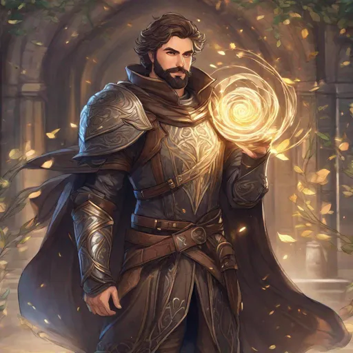 Prompt: (Full-body) a handsome large manly hairy male cleric with short hair and short beard, magic light swirl in one hand, wearing dark armor with vines and wooden details, visible chest hair, brown cloak, boots, street in a town, in a shaded painted style