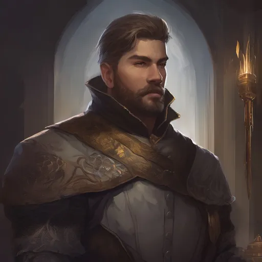 Prompt: (Full body) male stocky young royal noble with short-cut hair and beard, in a dark room, pathfinder, d&d setting, in a realistic digital art style