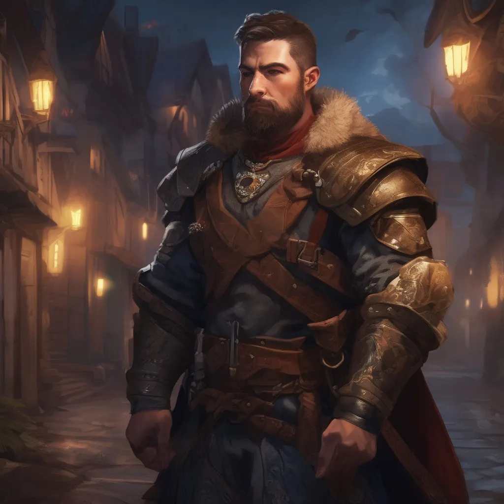 Prompt: (Full body) male manly stocky noble royal guard with dark short-cut hair and beard, in small village at night, pathfinder, d&d setting, in a realistic digital art style