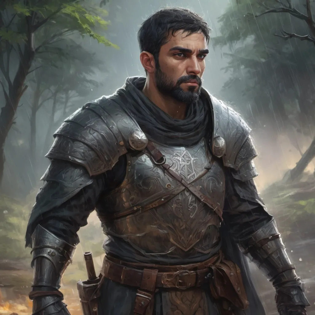 Prompt: Male stocky heavy-set arab knight with short-cut hair and beard, in a thicket battlefield in a rainstorm, pathfinder, d&d setting, in a realistic high quality digital art style, enhanced shadow quality, colorful