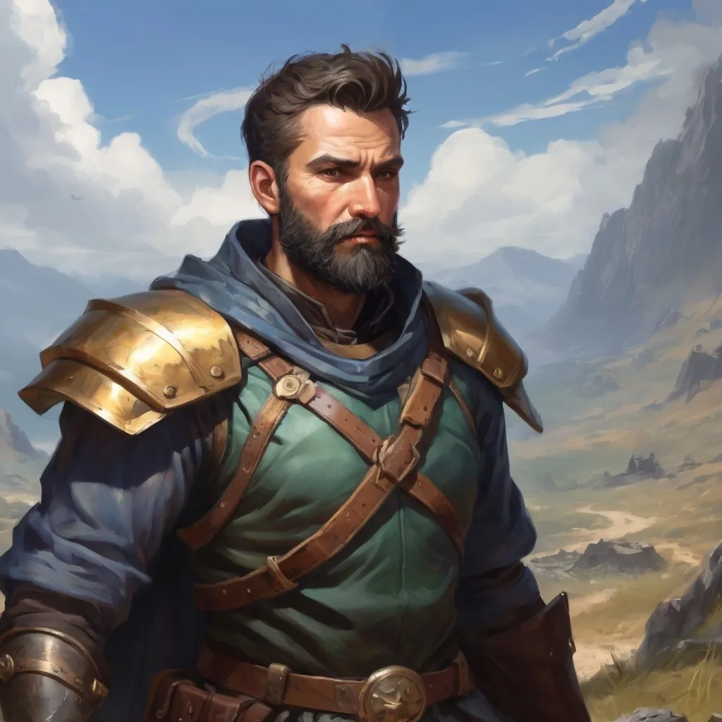 Prompt: Male heavy-set mature fit arcanist with short-cut hair and beard, in a windy battlefield, pathfinder, d&d setting, enhanced shadow quality