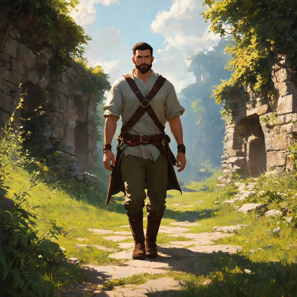 Prompt: (Full body) male ranger with a short hair and beard, belt and pants, walking outside of overgrown ruins, pathfinder, d&d setting, in a digital art style