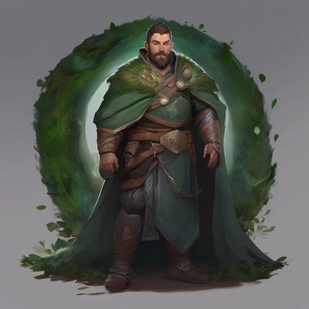 Prompt: (Full body) male stocky druid with short-cut hair and beard, casting a swirly green nature-spell, in nature at night pathfinder, d&d setting, in a realistic digital art style