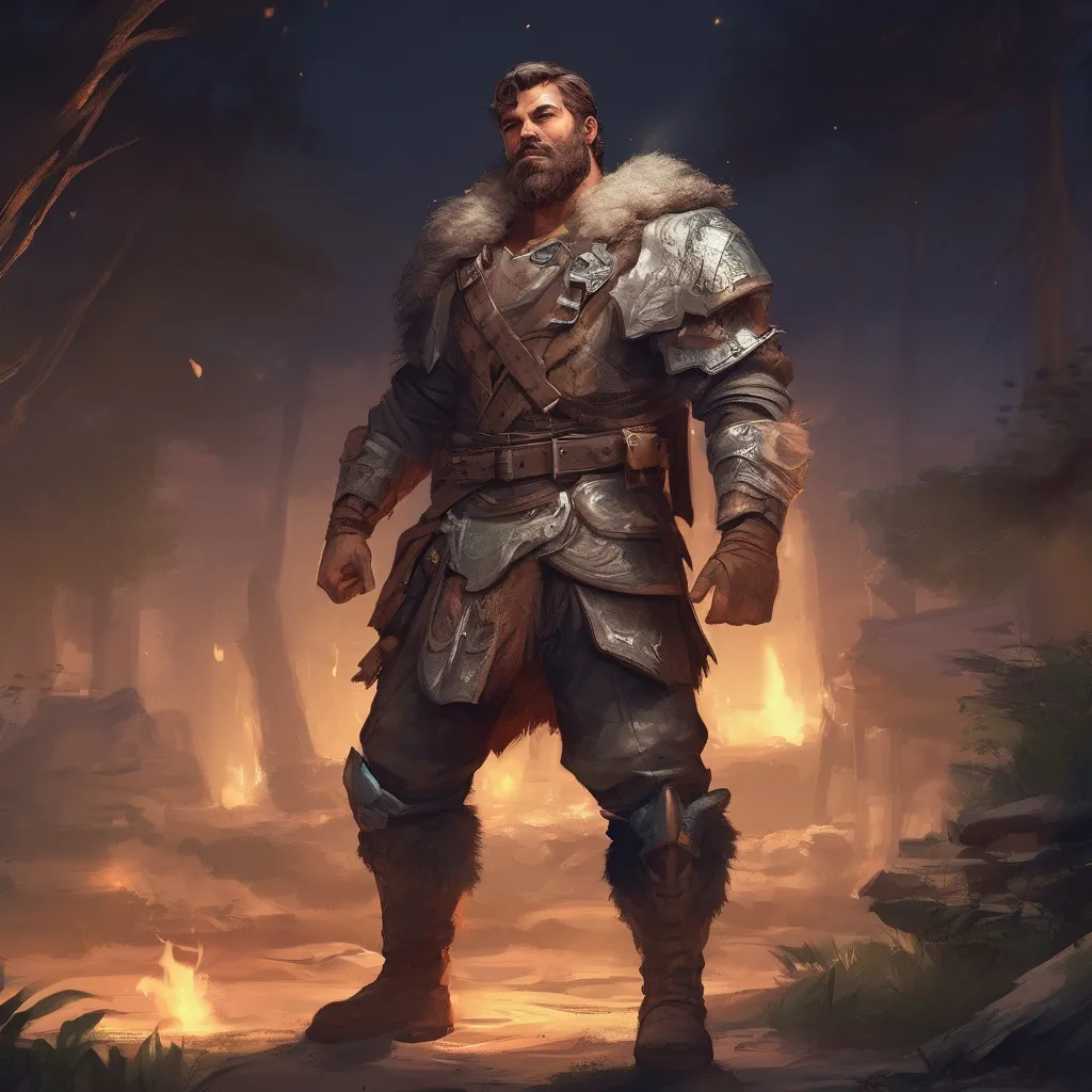 Prompt: (Full body) male stocky martial fighter with hairy chest and short hair and beard, in nature at night, pathfinder, d&d setting, in a realistic digital art style