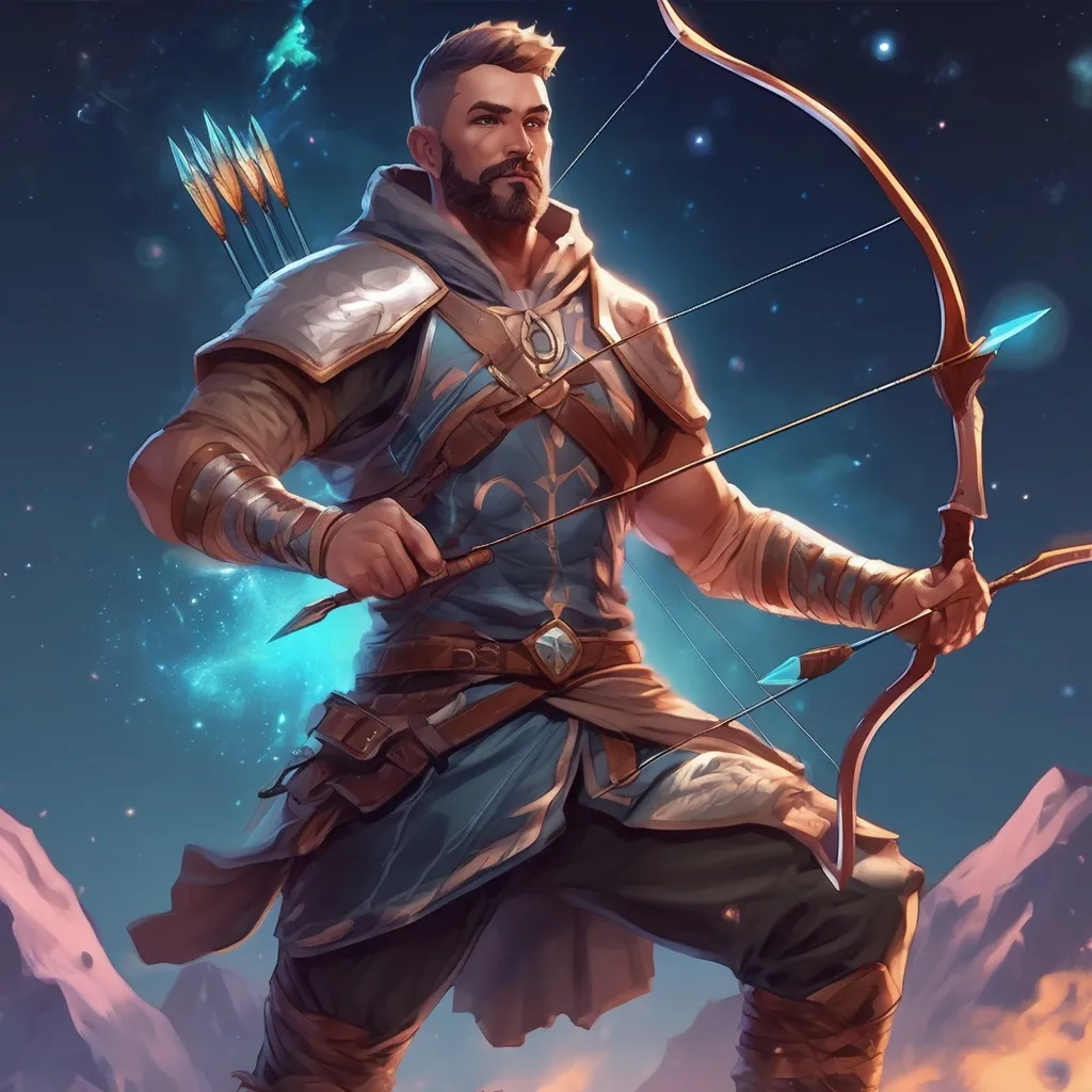 Prompt: (Full body) male magical muscular archer with short hair and beard, in an astral plane, pathfinder, d&d setting, in a realistic digital art style