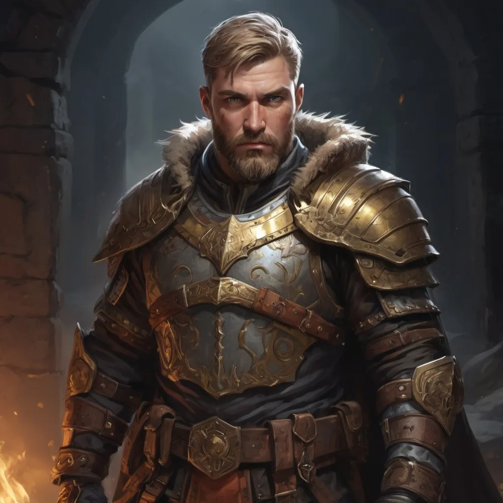 Prompt: Male stocky warrior in  a breastplate, with short dark-blonde hair and beard, exploring a dark dungeon, pathfinder, d&d setting, in a realistic high quality digital art style, enhanced shadow quality, very colorful