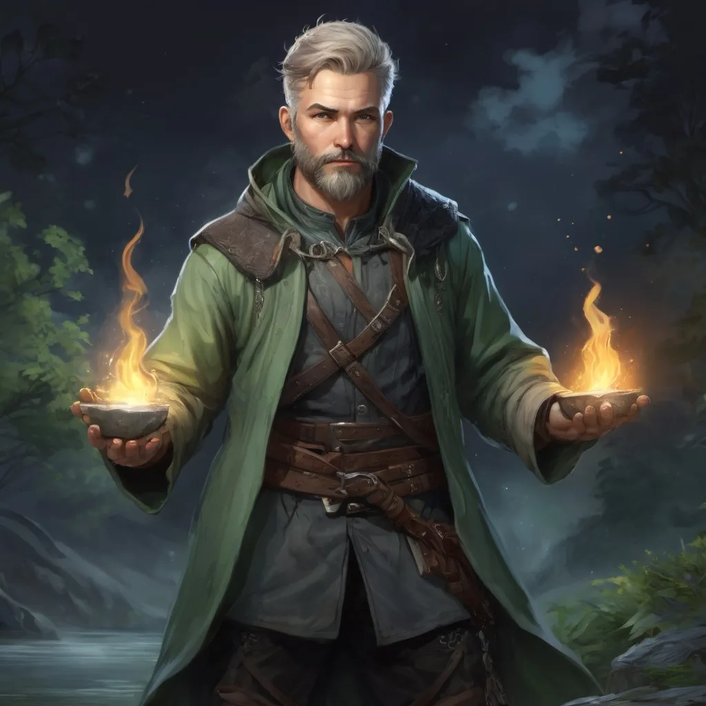 Prompt: (Full body) male stocky fantasy-ranger with short salt and pepper hair and beard, casting an nature spell, in nature at night, pathfinder, d&d setting, in a realistic digital art style